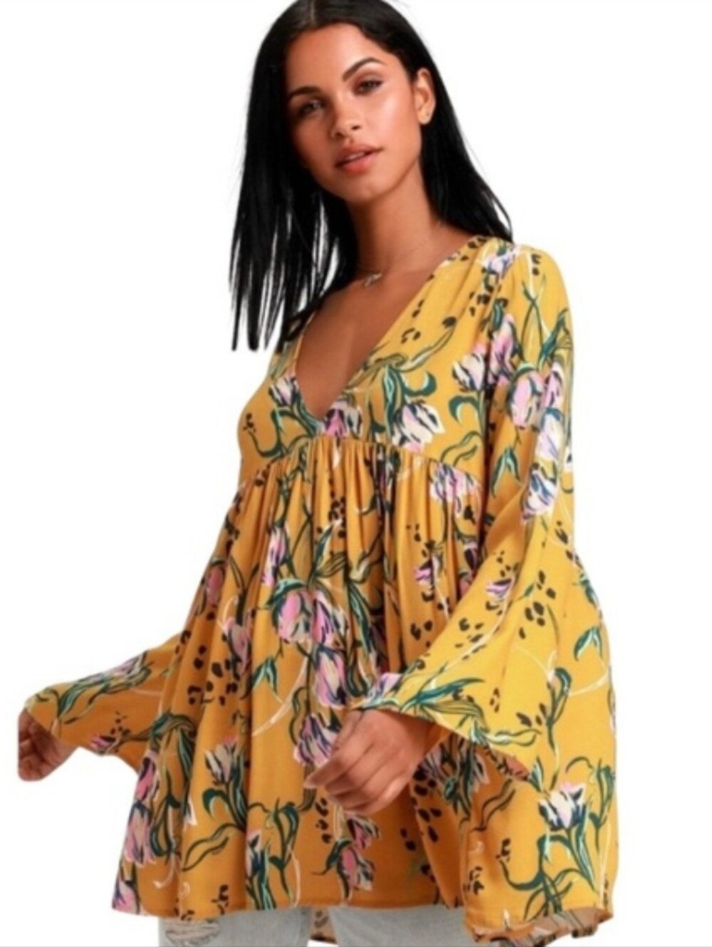 Free People Bella Golden Yellow Floral Print Tunic M - Picture 4 of 15